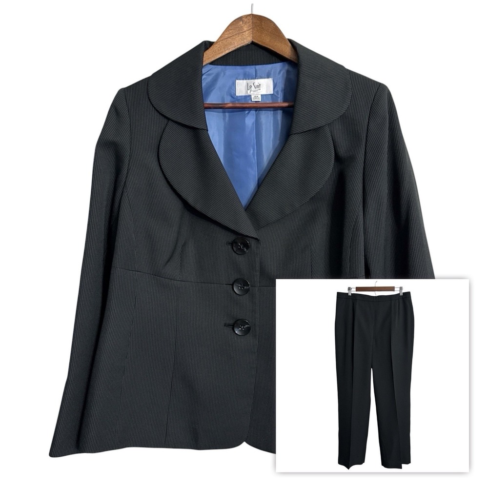 Le Suit blazer pant suit set womens 14W black white pinstripe peplum office work